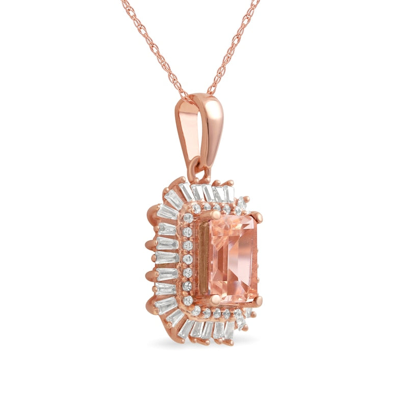 Emerald-Cut Morganite and 0.25 CT. T.W. Natural Diamond Starburst Double Frame Pendant in 10K Rose Gold