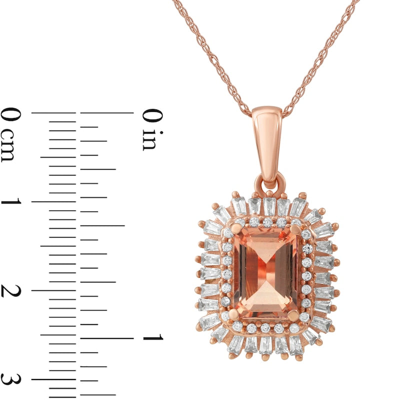 Emerald-Cut Morganite and 0.25 CT. T.W. Natural Diamond Starburst Double Frame Pendant in 10K Rose Gold