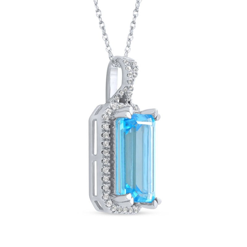 Emerald-Cut Swiss Blue Topaz and 0.17 CT. T.W. Natural Diamond Octagonal Frame Twist Pendant in 10K White Gold