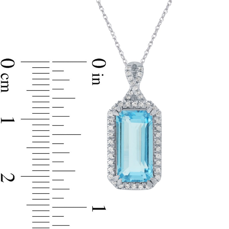 Emerald-Cut Swiss Blue Topaz and 0.17 CT. T.W. Natural Diamond Octagonal Frame Twist Pendant in 10K White Gold