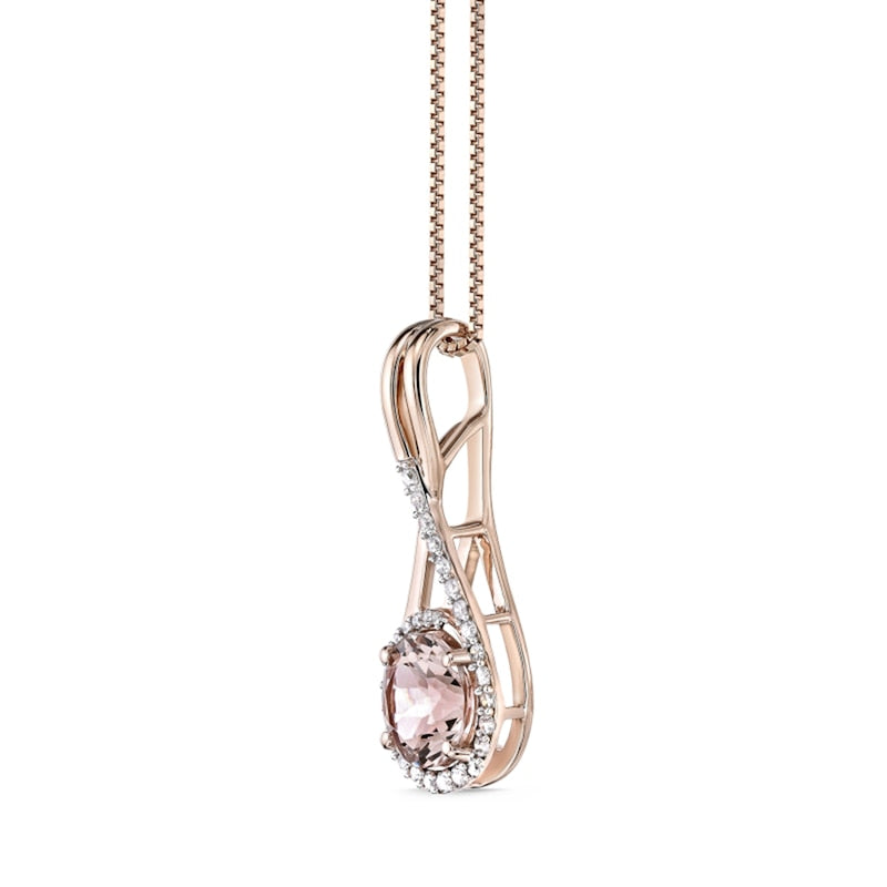 7.0mm Morganite and 0.17 CT. T.W. Natural Diamond Loop Frame Twisted Teardrop Pendant in 10K Rose Gold