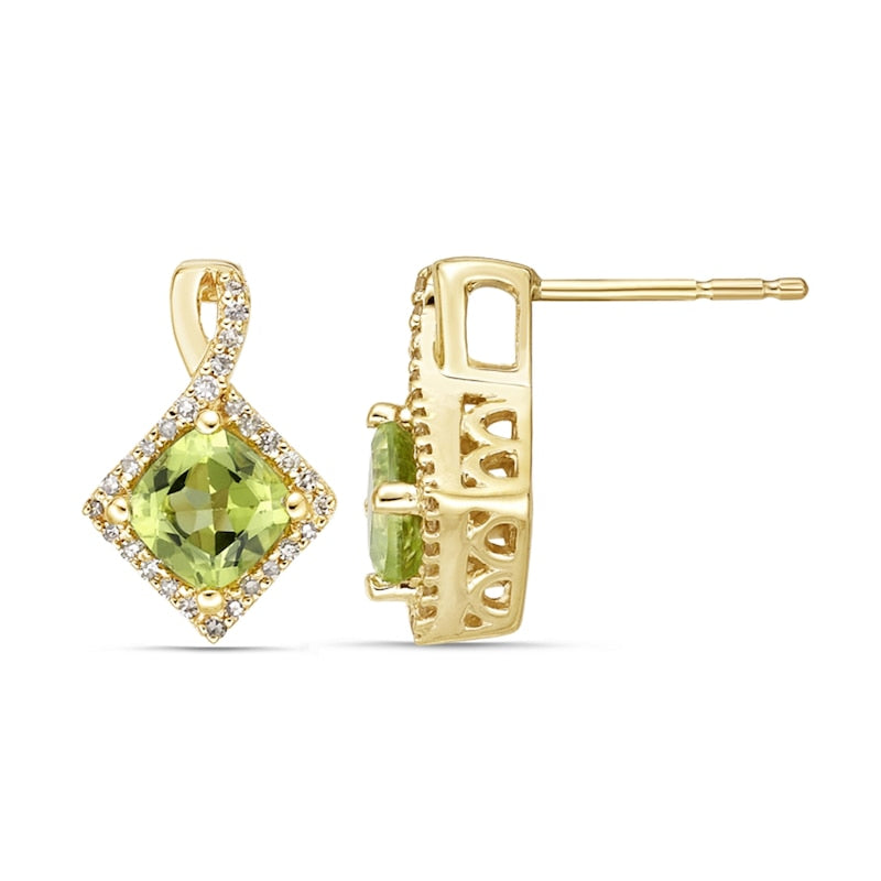 5.0mm Cushion-Cut Peridot and 0.17 CT. T.W. Diamond Frame Tilted Twist Drop Earrings in 10K Gold