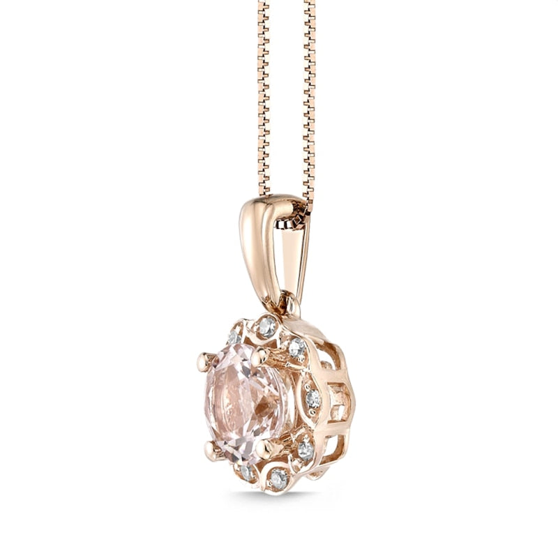 6.0mm Morganite and 0.05 CT. T.W. Natural Diamond Frame Flower Drop Pendant in 10K Rose Gold