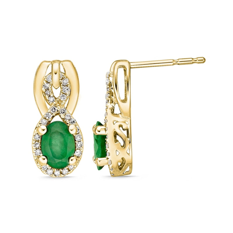 Oval Emerald and 0.2 CT. T.W. Diamond Infinity Drop Earrings in 10K Gold