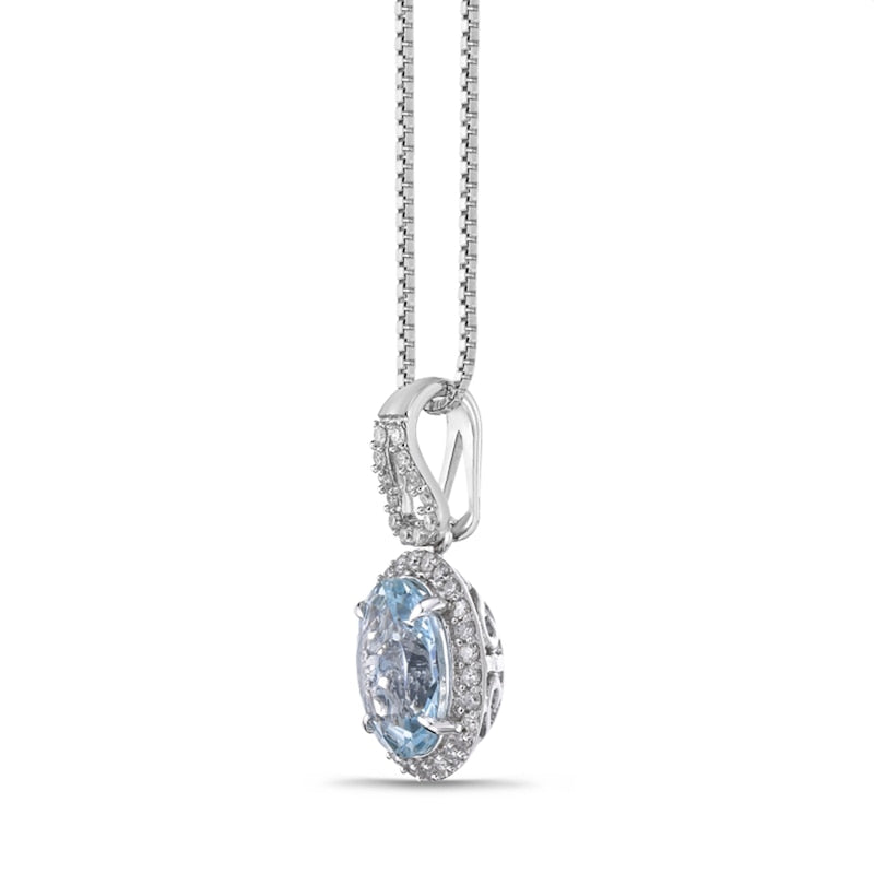 Oval Aquamarine and 0.2 CT. T.W. Natural Diamond Frame Art Deco Drop Pendant in 10K White Gold