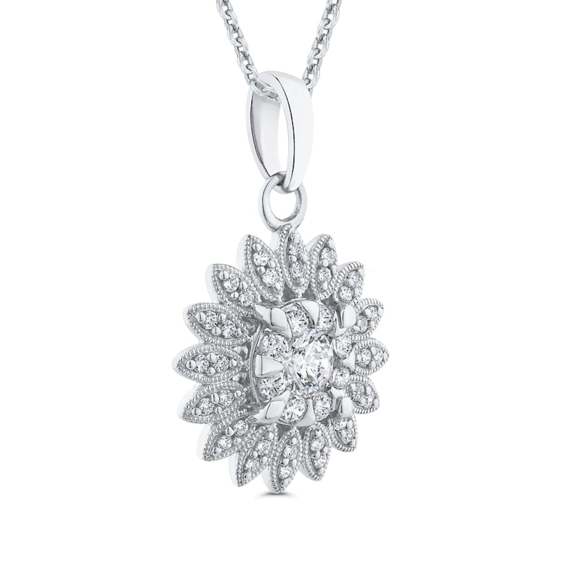 0.5 CT. T.W. Natural Diamond Flower Antique Vintage-Style Pendant in 10K White Gold