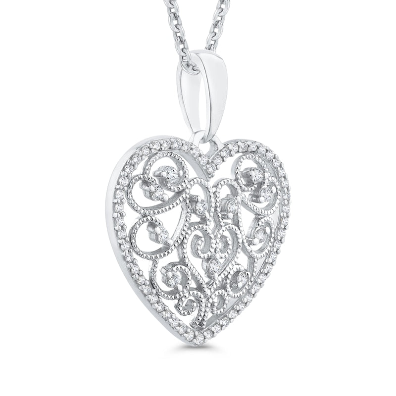 0.25 CT. T.W. Natural Diamond Ornate Heart Antique Vintage-Style Pendant in 10K White Gold