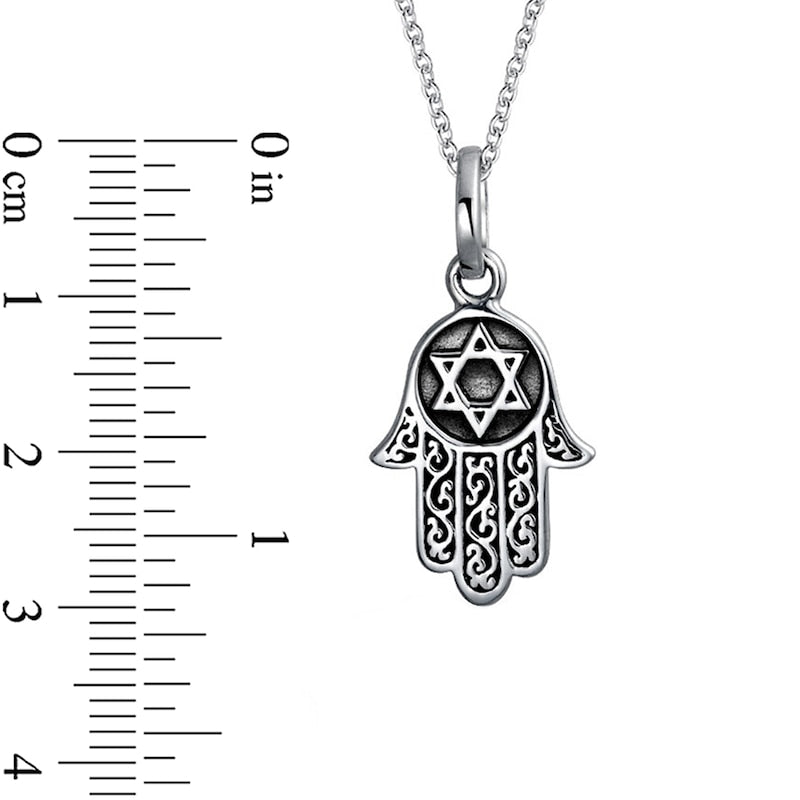 Oxidized Filigree Hamsa with Star of David Pendant in Sterling Silver