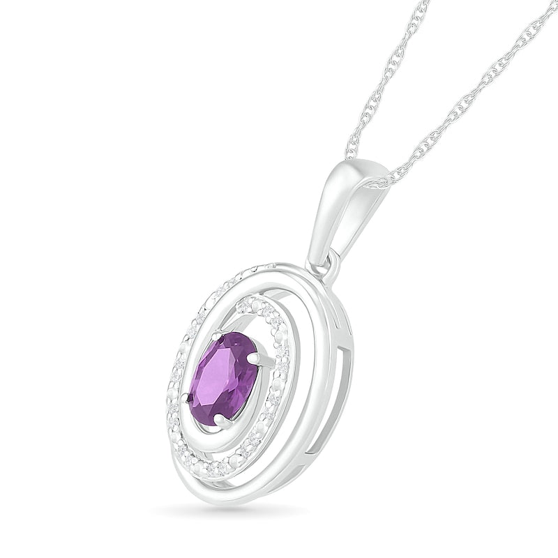 Oval Amethyst and 0.07 CT. T.W. Natural Diamond Beaded Open Swirl Frame Drop Pendant in Sterling Silver