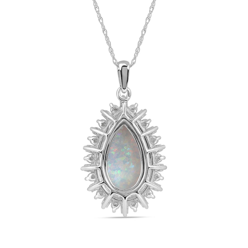 Pear-Shaped Lab-Created Opal and White Lab-Created Sapphire Double Shadow Frame Drop Pendant in Sterling Silver