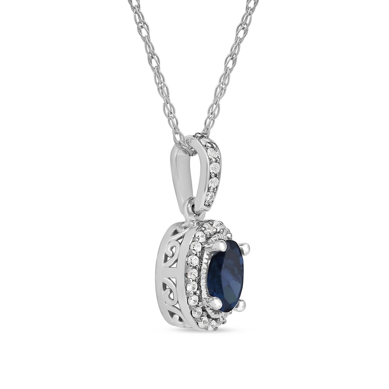 Oval Blue Sapphire and 0.05 CT. T.W. Natural Diamond Framed Antique Vintage-Style Drop Pendant in 10K White Gold