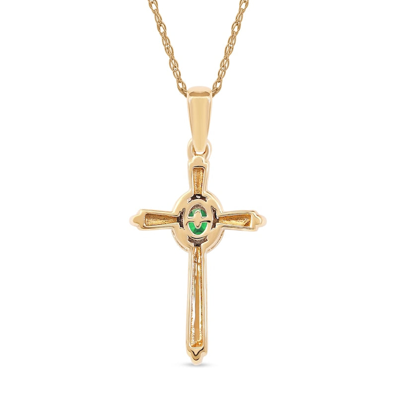 Oval Emerald and 0.05 CT. T.W. Natural Diamond Frame Layered Cross Pendant in 10K Yellow Gold