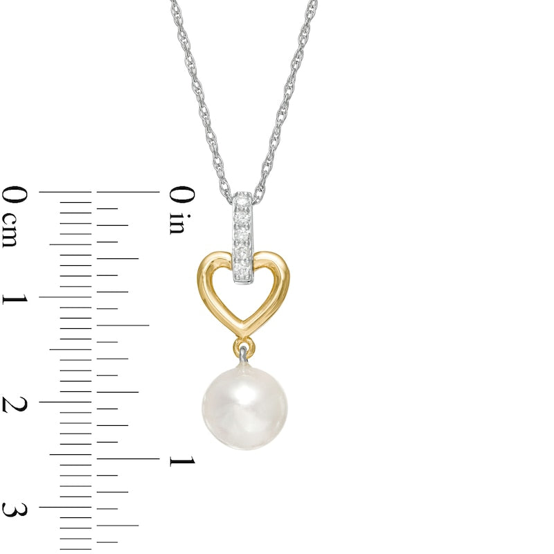 8.0mm Cultured Freshwater Pearl and 0.07 CT. T.W. Natural Diamond Heart Drop Pendant in 10K Yellow Gold and Sterling Silver