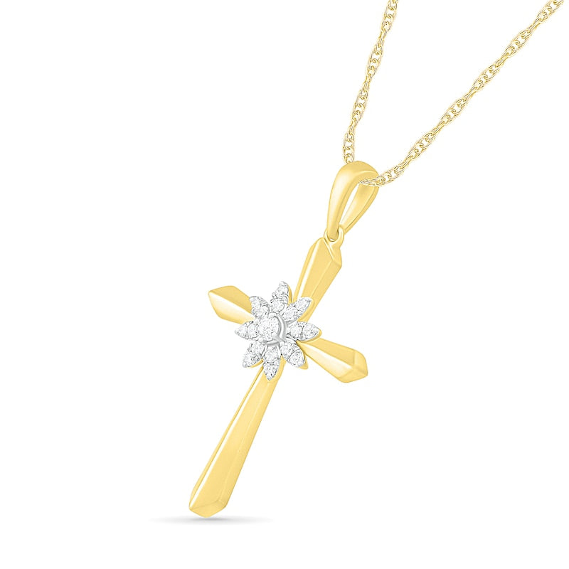 0.1 CT. T.W. Natural Diamond Flower Cross Pendant in 10K Yellow Gold