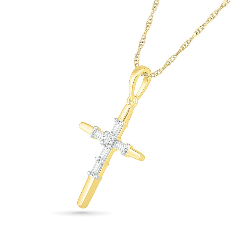 0.07 CT. T.W. Baguette and Round Natural Diamond Cross Pendant in 10K Yellow Gold