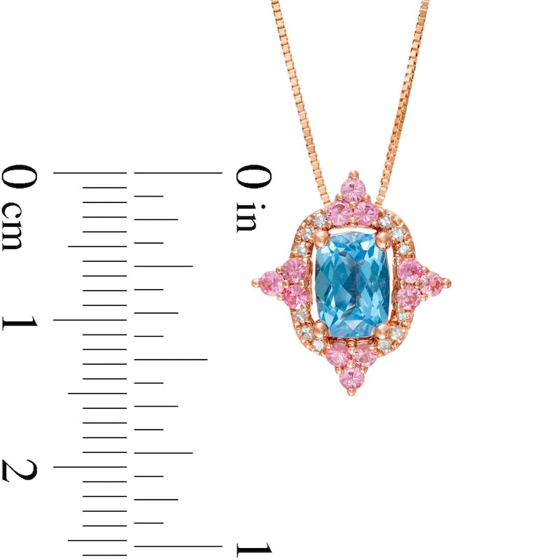 Captivating Color Swiss Blue Topaz, Pink Spinel and 0.05 CT. T.W. Natural Diamond Frame Pendant in 14K Rose Gold