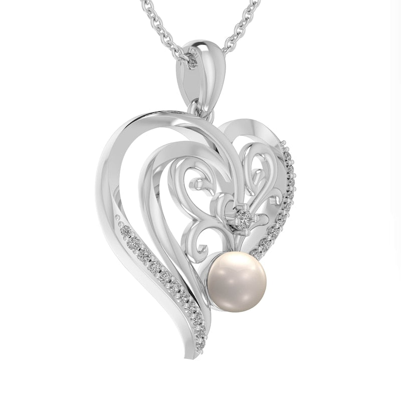 5.0mm Cultured Freshwater Pearl and Lab-Created White Sapphire Filigree Double Loop Heart Pendant in Sterling Silver