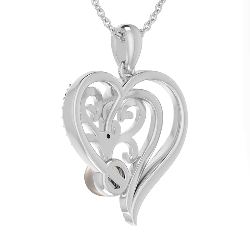 5.0mm Cultured Freshwater Pearl and Lab-Created White Sapphire Filigree Double Loop Heart Pendant in Sterling Silver