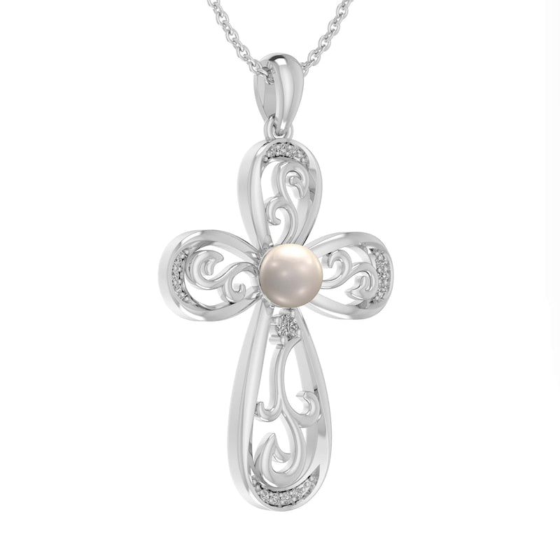 5.0mm Cultured Freshwater Pearl and Lab-Created White Sapphire Filigree Loop Cross Pendant in Sterling Silver