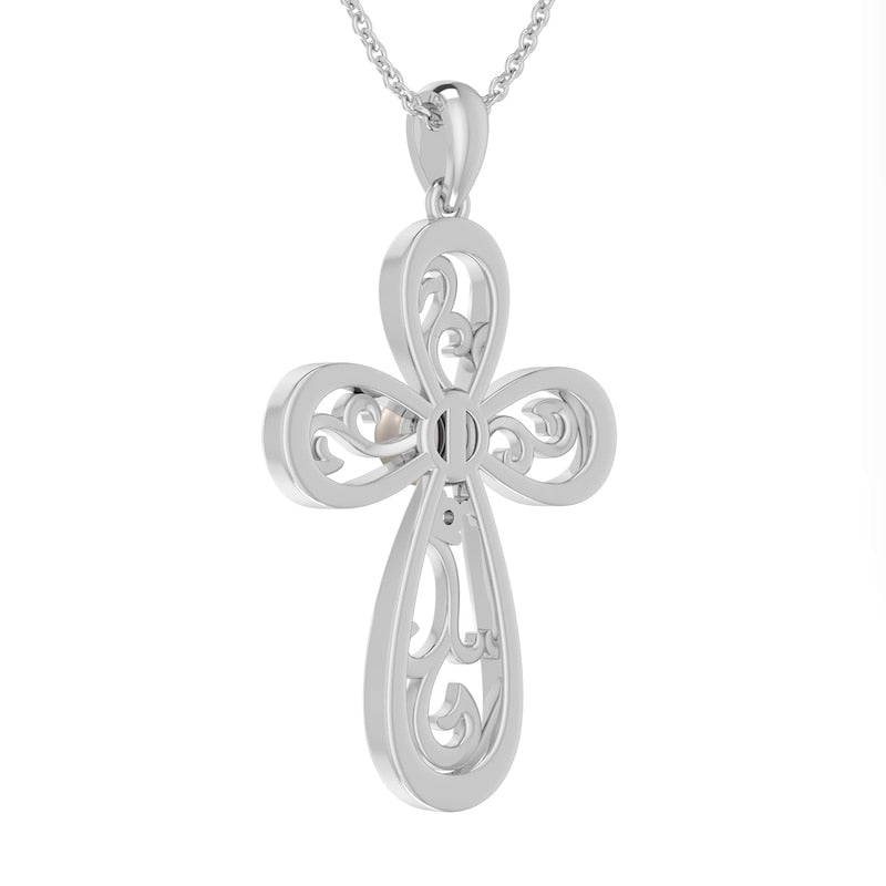 5.0mm Cultured Freshwater Pearl and Lab-Created White Sapphire Filigree Loop Cross Pendant in Sterling Silver