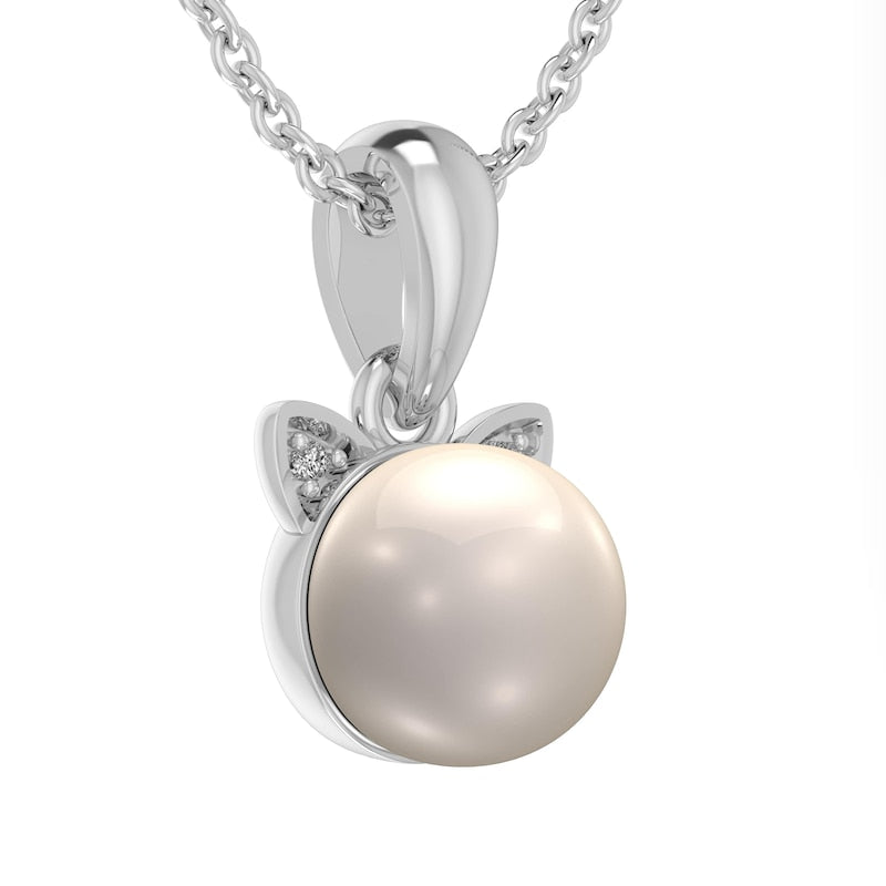 7.0mm Cultured Freshwater Pearl and Natural Diamond Accent Cat Head Drop Pendant in Sterling Silver