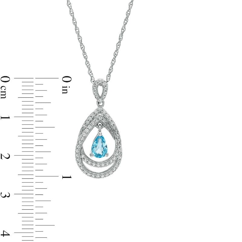 Pear-Shaped Swiss Blue Topaz and White Lab-Created Sapphire Double Loop Open Frame Teardrop Pendant in Sterling Silver