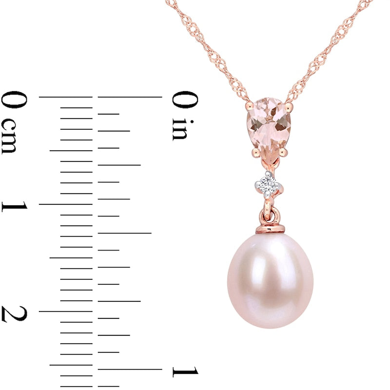 9.0-9.5mm Pink Oval Cultured Freshwater Pearl, Morganite and Natural Diamond Accent Drop Pendant in 10K Rose Gold