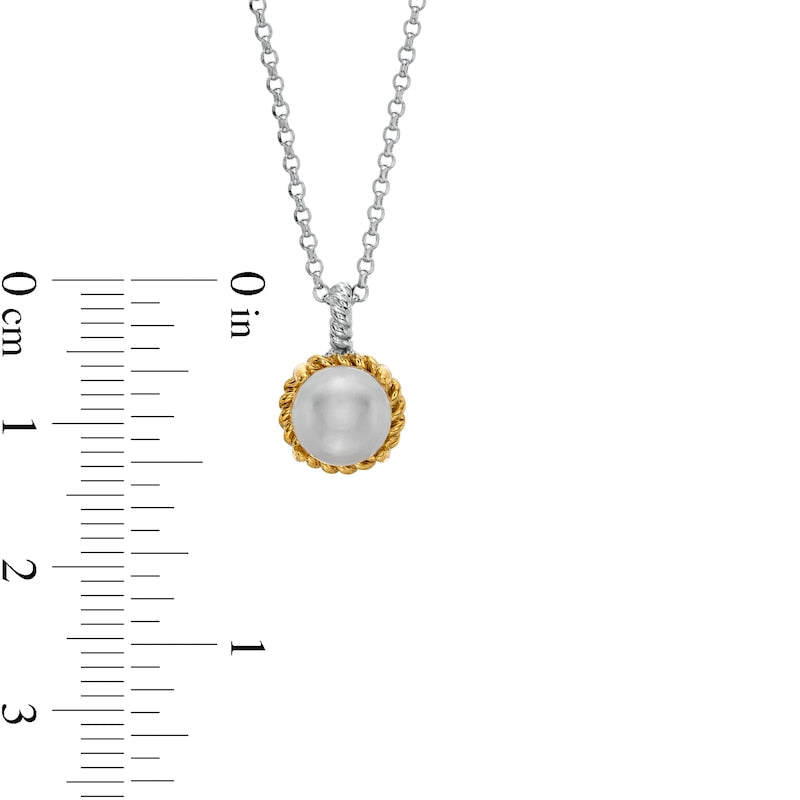 7.0-7.5mm Button Cultured Freshwater Pearl Rope-Textured Frame and Drop Pendant in Sterling Silver and 10K Yellow Gold