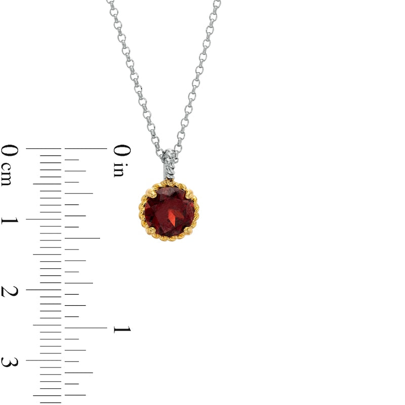 7.0mm Garnet Solitaire Rope-Textured Frame and Drop Pendant in Sterling Silver and 10K Yellow Gold