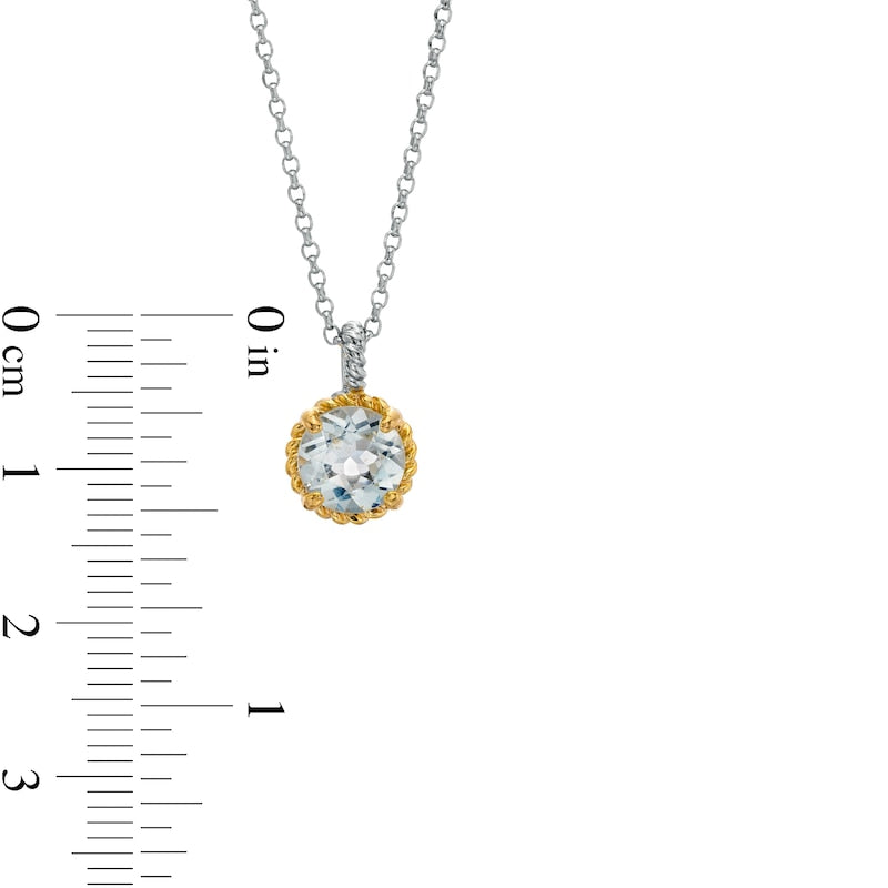 7.0mm Aquamarine Solitaire Rope-Textured Frame and Drop Pendant in Sterling Silver and 10K Yellow Gold