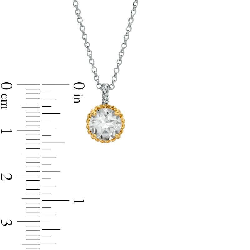 7.0mm White Topaz Solitaire Rope-Textured Frame and Drop Pendant in Sterling Silver and 10K Yellow Gold