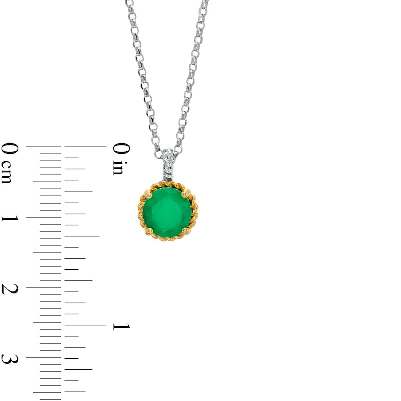 7.0mm Emerald Solitaire Rope-Textured Frame and Drop Pendant in Sterling Silver and 10K Yellow Gold