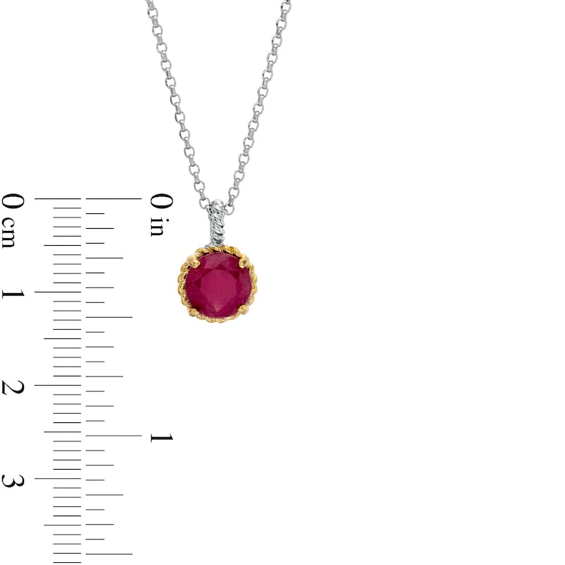 7.0mm Ruby Solitaire Rope-Textured Frame and Drop Pendant in Sterling Silver and 10K Yellow Gold