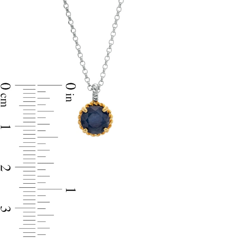 7.0mm Blue Sapphire Solitaire Rope-Textured Frame and Drop Pendant in Sterling Silver and 10K Yellow Gold