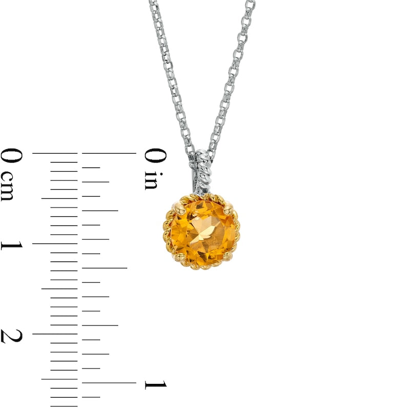 7.0mm Citrine Solitaire Rope-Textured Frame and Drop Pendant in Sterling Silver and 10K Yellow Gold