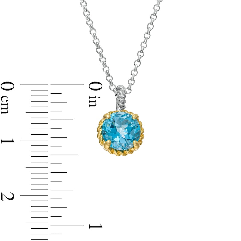 7.0mm Swiss Blue Topaz Solitaire Rope-Textured Frame and Drop Pendant in Sterling Silver and 10K Yellow Gold