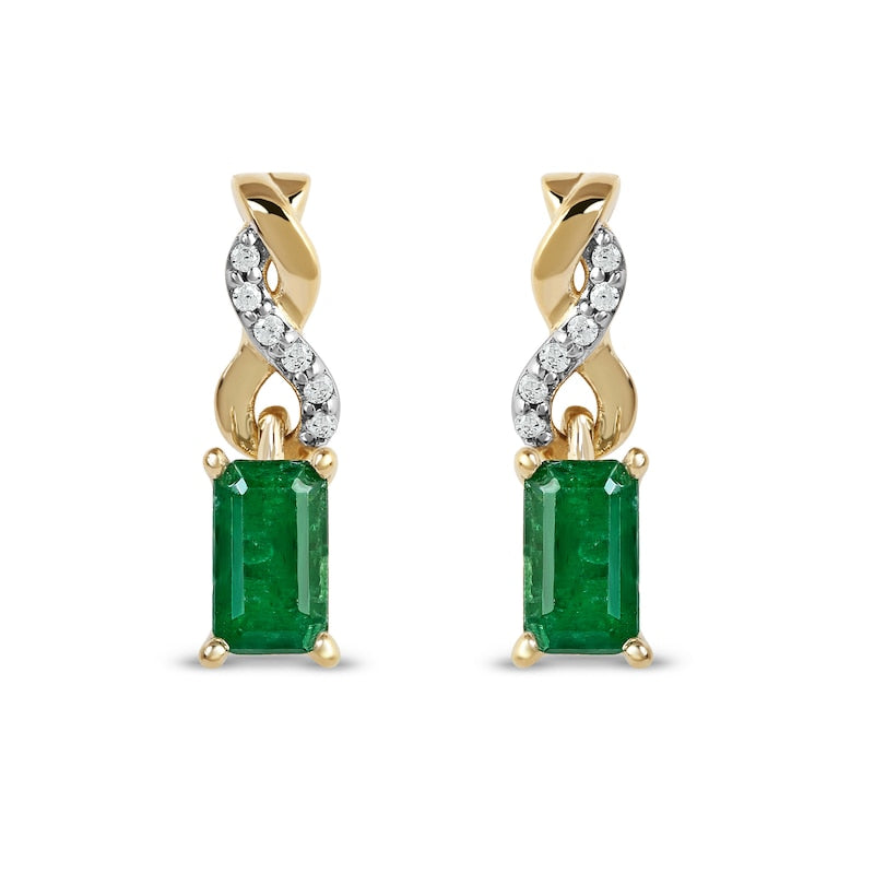 Emerald-Cut Emerald and Diamond Accent Twist Drop Earrings in 14K Gold