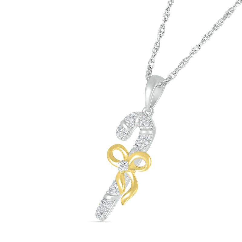 0.07 CT. T.W. Natural Diamond Candy Cane with Bow Pendant in Sterling Silver and 14K Gold Plate