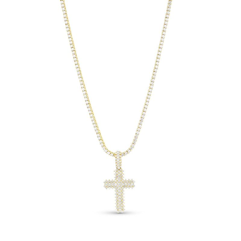 Men's 12-0.1 CT. T.W. Natural Diamond Triple Row Cross Pendant in 14K Gold – 24"