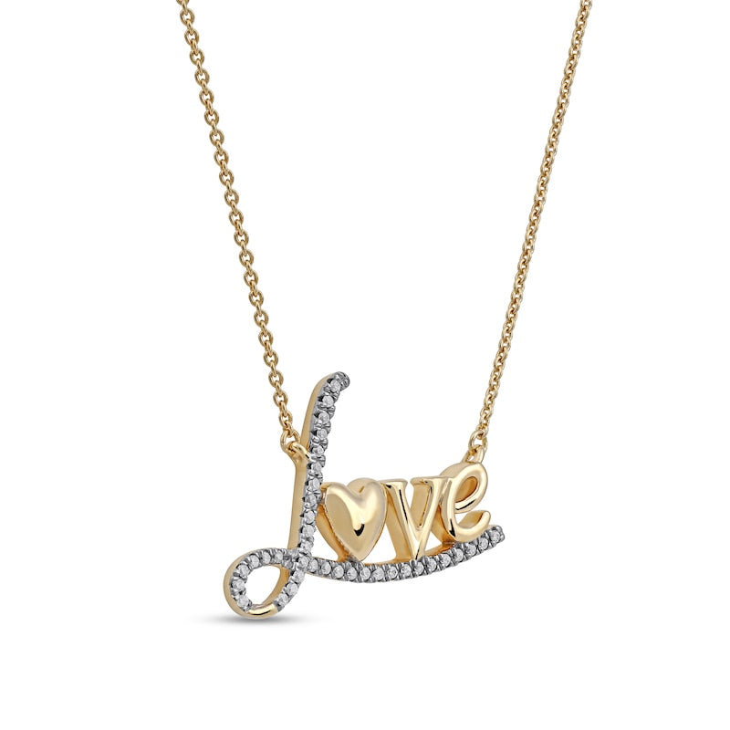 0.1 CT. T.W. Natural Diamond "Love" with Heart Necklace in 10K Yellow Gold