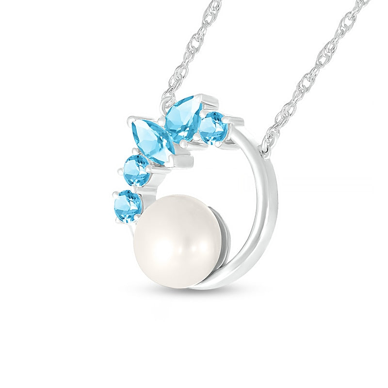 7.0mm Cultured Freshwater Pearl and Multi-Shaped Swiss Blue Topaz Scatter Open Circle Necklace in Sterling Silver