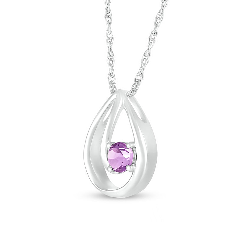 4.0mm Amethyst Solitaire Swirl Ribbon Open Teardrop Pendant in 10K White Gold