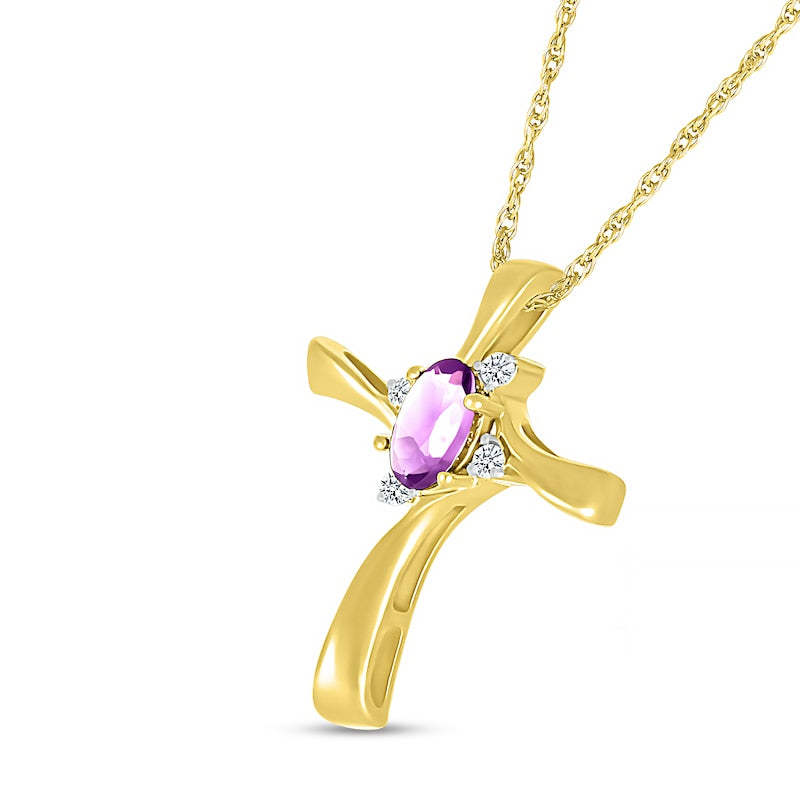 Oval Amethyst and Natural Diamond Accent Swirl Ribbon Cross Pendant in 10K Yellow Gold