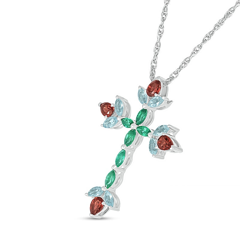 Pear-Shaped Garnet with Marquise Aquamarine and Lab-Created Emerald Floral Cross Pendant in Sterling Silver