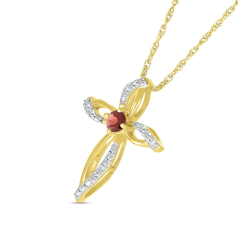 3.0mm Garnet and 0.05 CT. T.W. Natural Diamond Bypass Ribbon Loop Cross Pendant in 10K Yellow Gold