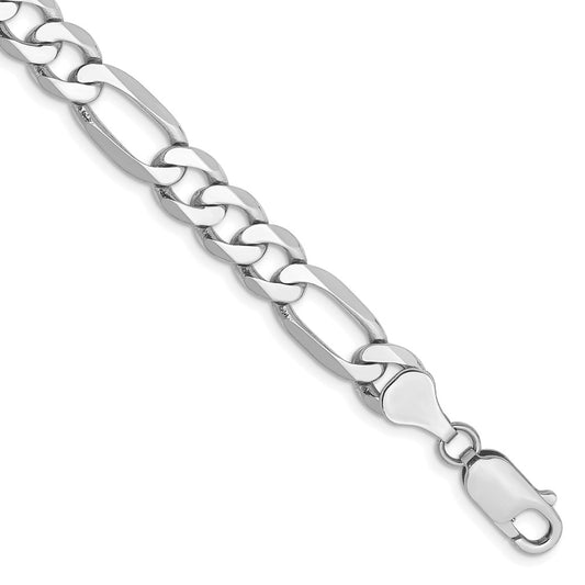 Solid 14K White Gold 9 inch 7mm Flat Figaro with Lobster Clasp Chain Bracelet