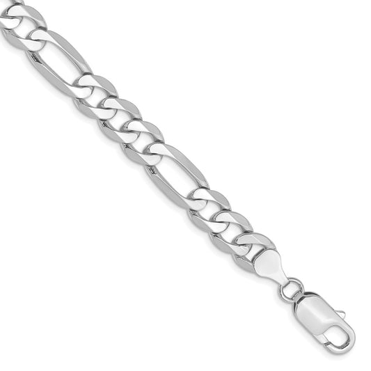 Solid 14K White Gold 9 inch 7.5mm Flat Figaro with Lobster Clasp Chain Bracelet