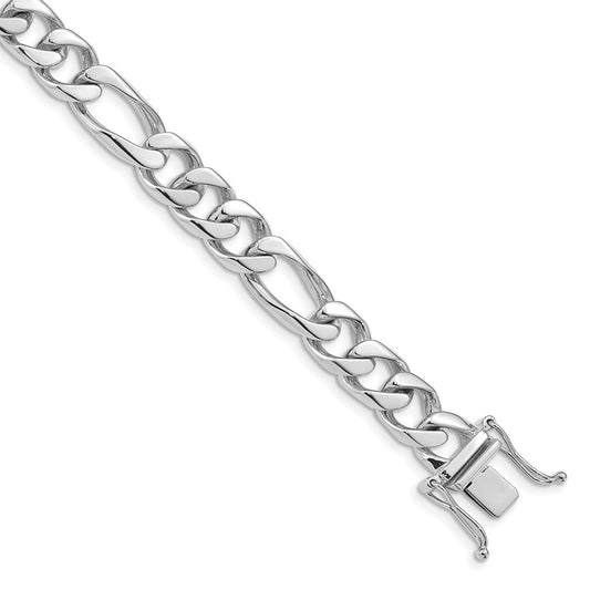 Solid 14K White Gold 8 inch 9mm Hand Polished Figaro Link with Box Catch Clasp Bracelet