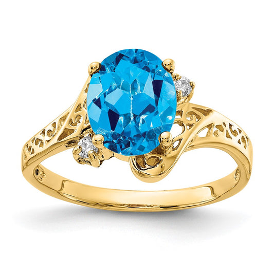 14K Yellow Gold 9x7mm Oval Blue Topaz AA Real Diamond ring