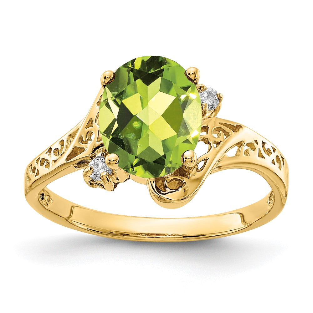 14K Yellow Gold 9x7mm Oval Peridot Checker AA Real Diamond ring